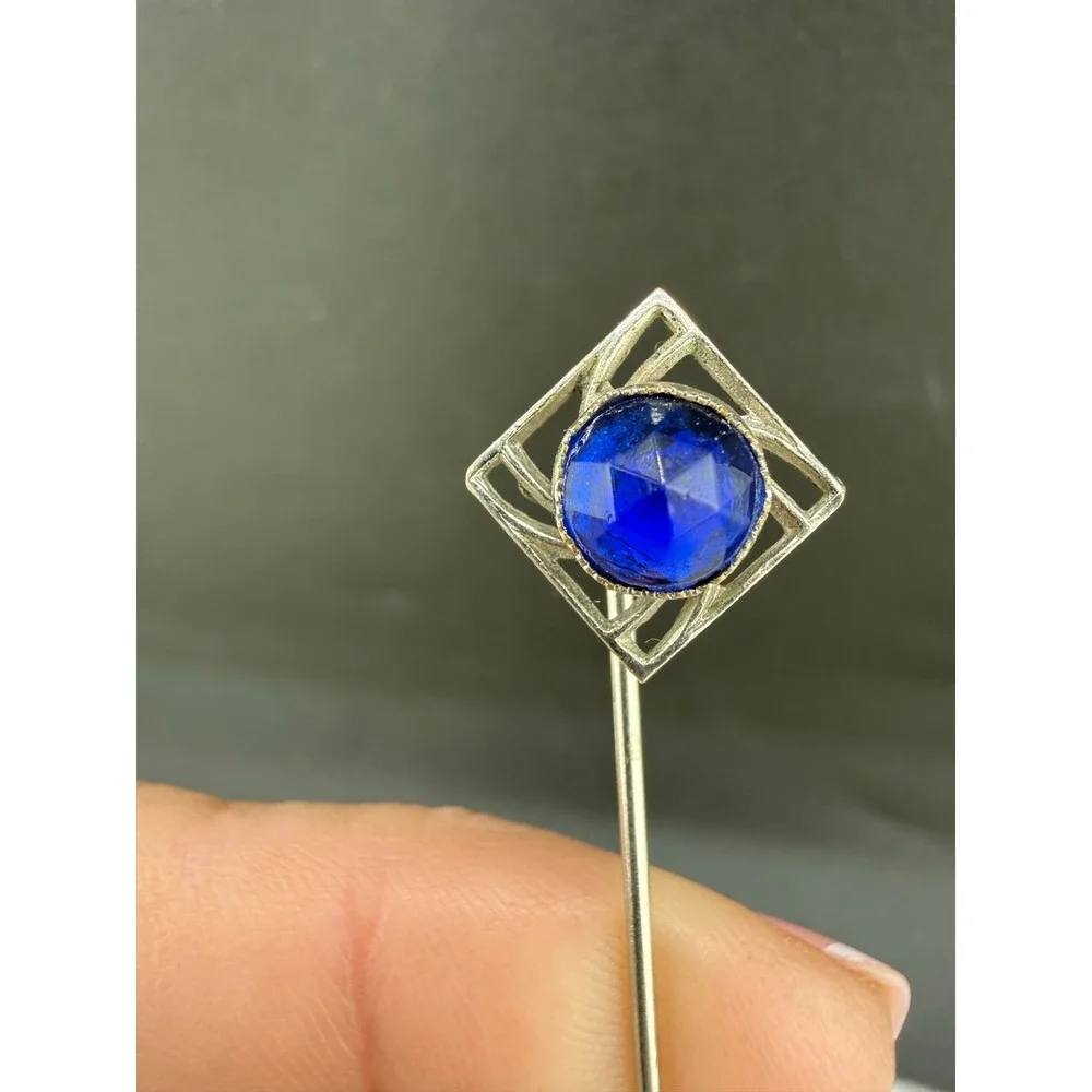 Vintage Rhinestone Stick Pin Brooch Silver‎ Tone Blue